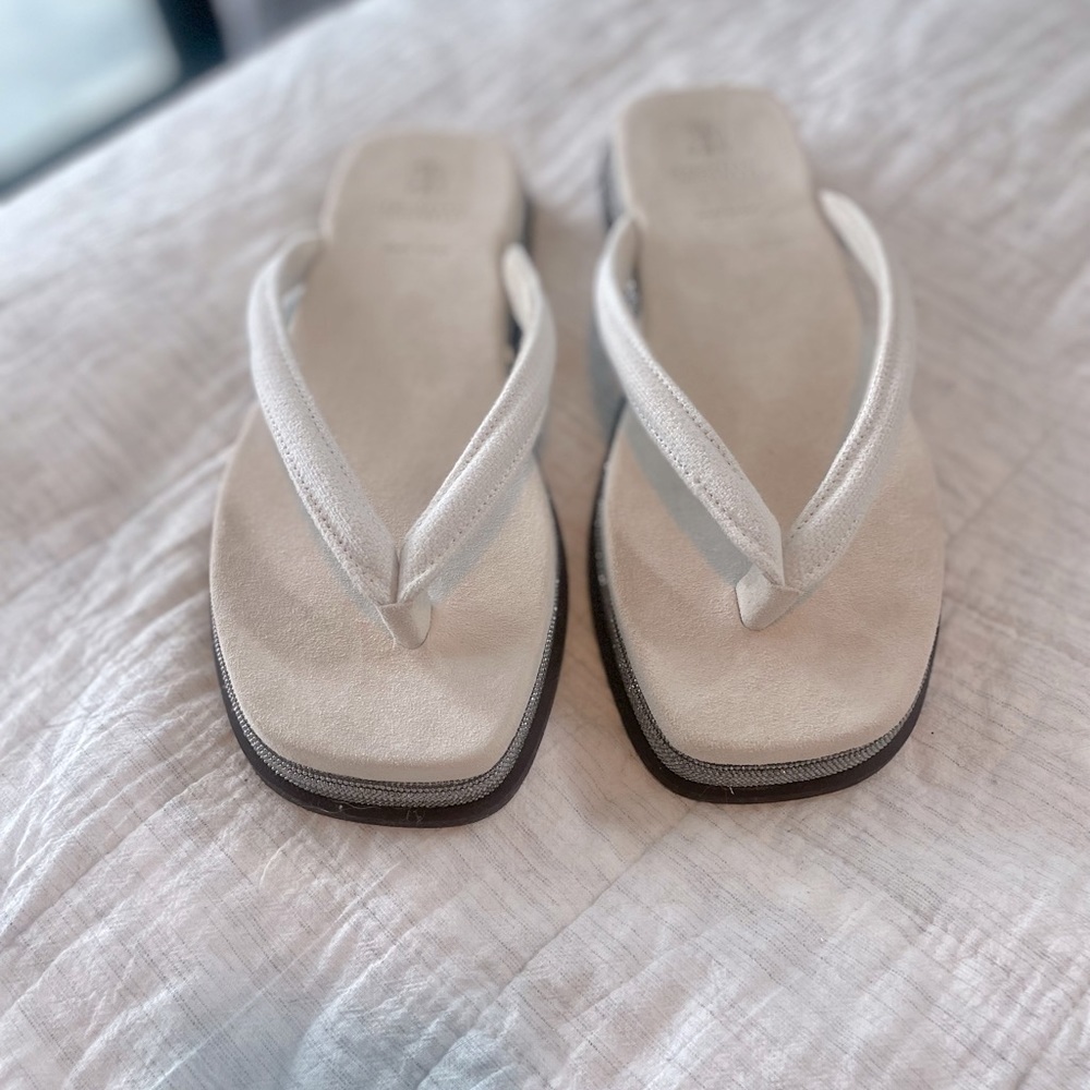 Brunello Cucinelli Suede Sandal with monili trim